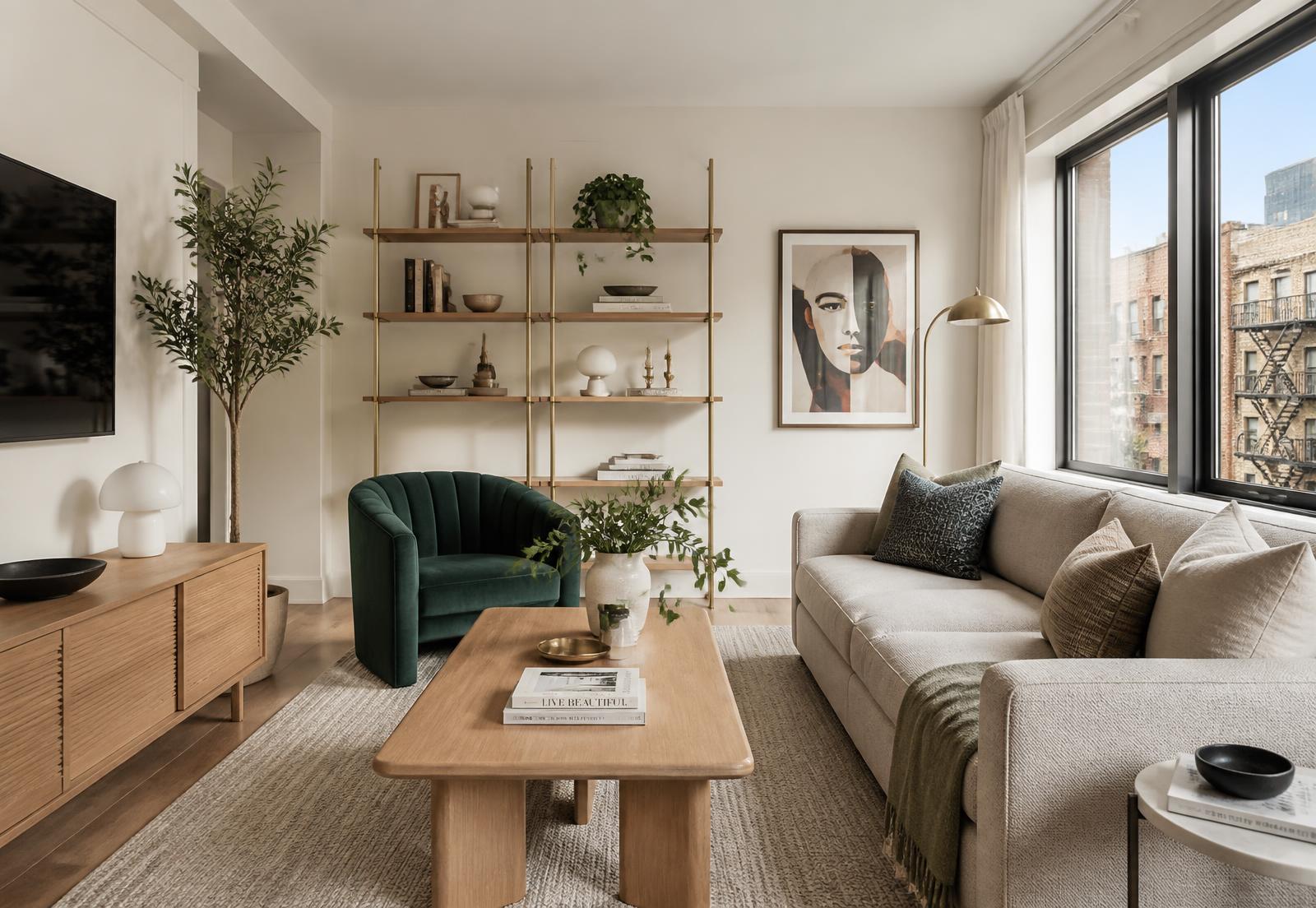 Furnished rental living room with linen sofa, oak coffee table and brass lamp